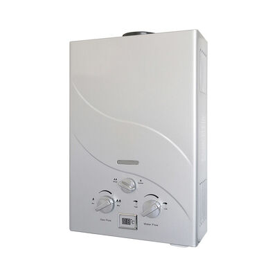 Outdoor Installation Flue Gas Water Heater Incorporating Low Water Pressure Start and Flue Exhaust for Continuous Heating